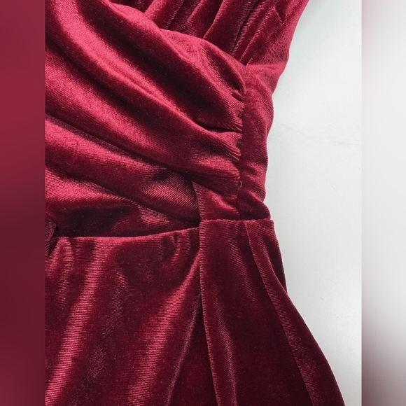 New Luxe Velvet Wrap Off Shoulder Formal Maxi Dress Burgundy Red - Picture 10 of 13